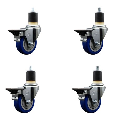 Service Caster 3.5'' Blue Poly Swivel 1-7/8'' Expanding Stem Caster Set with Brake, 4PK SCC-EX20S3514-PPUB-BLUE-PLB-178-4